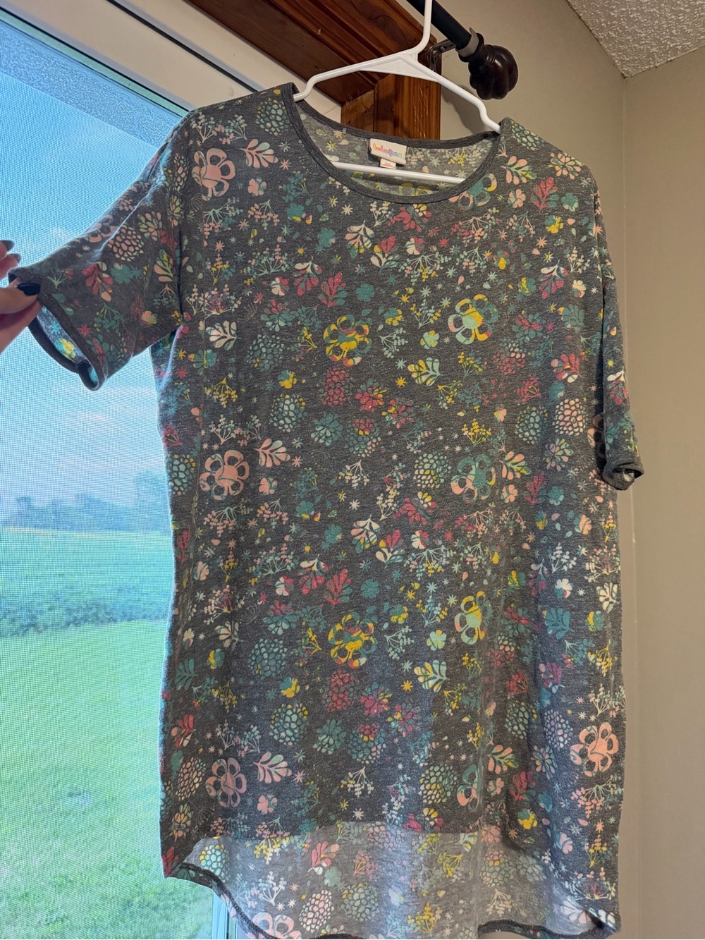 LuLaRoe Gray Floral Scoop Neck Top with Multicolor Blooms